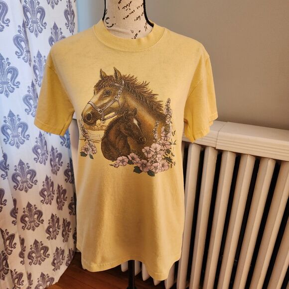 Y2K Vintage Horse+Flowers T-Shirt, Butter Yellow, Western, Cowboycore, Sz S - Picture 2 of 7